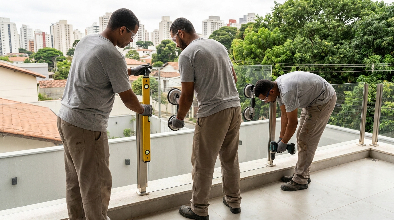 Guarda-corpo em terraço alto com vista cidade em Franca-SP