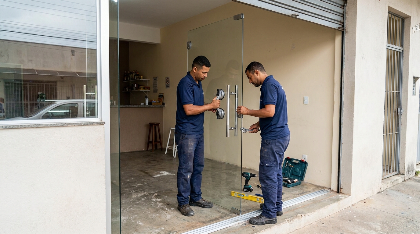 Dupla instalando porta de vidro em loja em Franca-SP