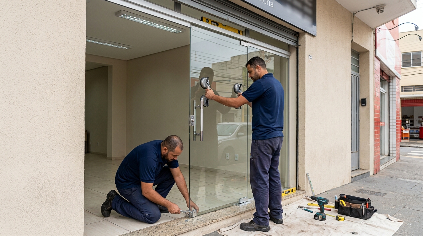 Porta de vidro com puxador inox em Franca-SP